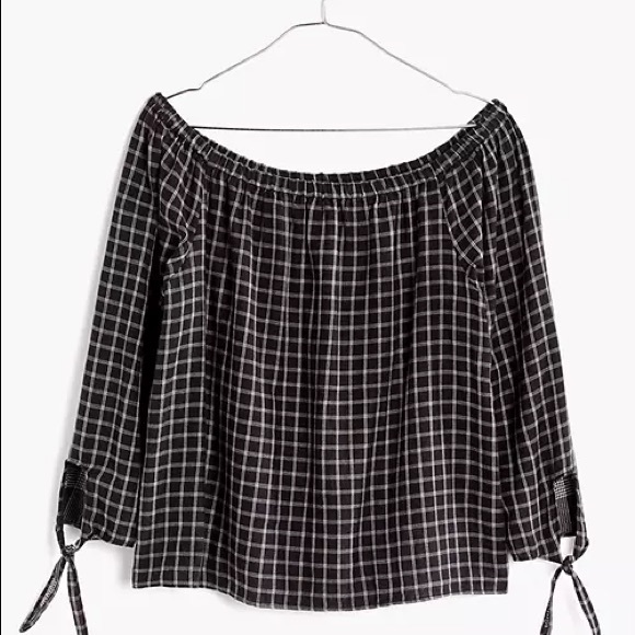 Madewell Off-Shoulder Plaid Blouse Black White - Picture 4 of 11